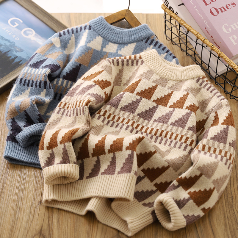 男童毛衣秋冬季新款儿童装加厚保暖中大童套头圆领撞色针织弹力潮
