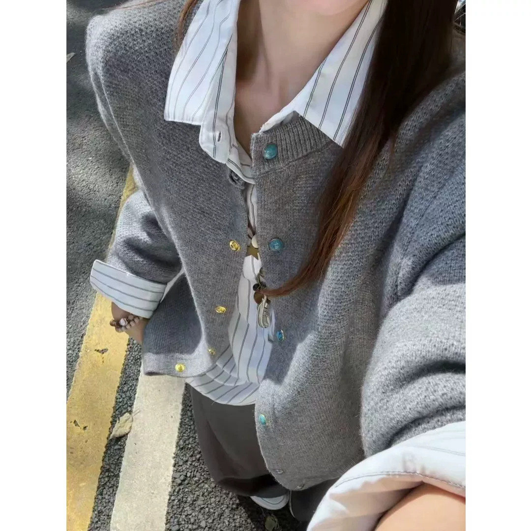 美式复古绿松石灰色毛衣女士秋冬季慵懒高级感针织开衫老钱风外套