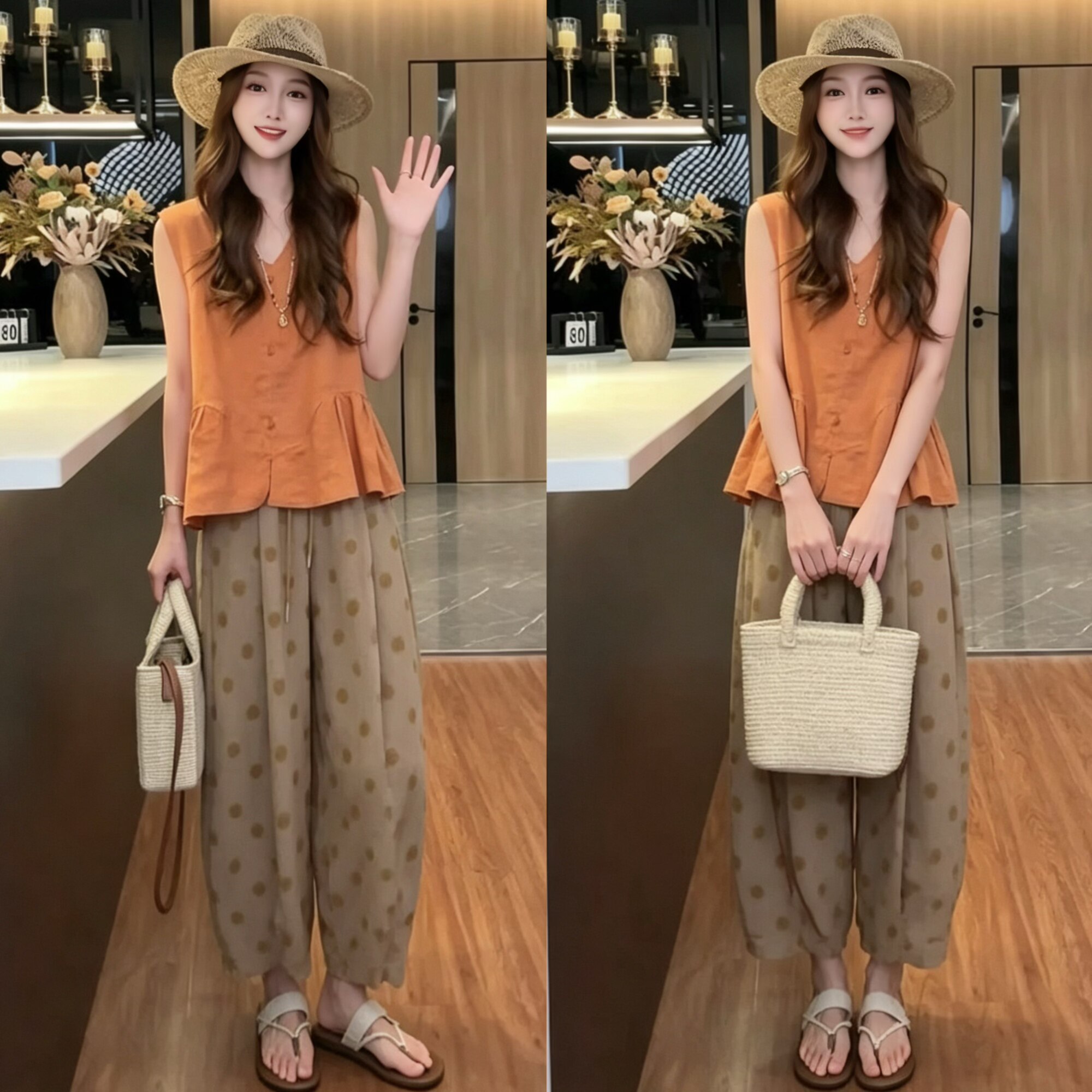 巨好看的夏季穿搭一整套小个子韩系时尚无袖小衫波点九分裤两件套