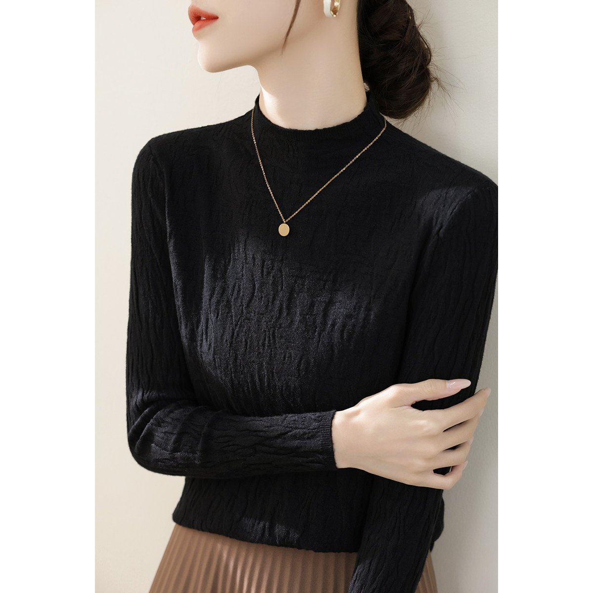 韩版时尚肌理感纯色打底针织衫女早秋薄款半高领气质百搭长袖内搭,女装/女士精品,大码内搭,淘宝优惠券,粉丝福利购,淘宝优惠卷