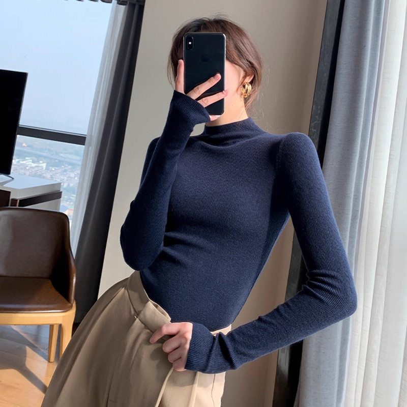 韩版半高领紧身打底衫女秋冬季洋气中领针织衫藏青色气质长袖上衣