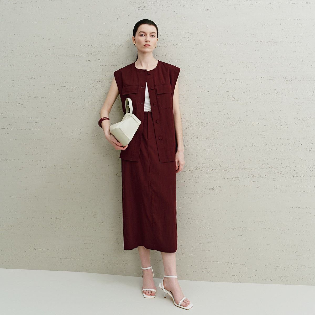 Dekashell/迪卡轩2026夏季新款马甲半裙套装通勤酒红色两件套