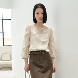 Dekashell/迪卡轩2025秋季新款衬衫女简约手工立体盘花上衣