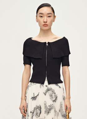 Dekashell/迪卡轩2025春夏季新款短款黑色短袖拉链针织开衫女上衣