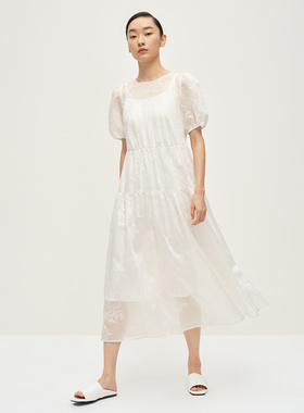 Dekashell/迪卡轩2025夏季新法式甜美系泡泡袖白色中长款连衣裙女