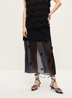 Dekashell/迪卡轩20255夏季新款半身裙黑色网纱设计时尚感显瘦