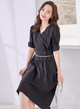 【清仓价】Dekashell/迪卡轩夏知性温柔连衣裙V领黑色收腰中长女