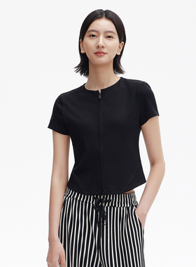 Dekashell/迪卡轩2025夏季新款黑色简约风格百搭气质圆领T恤