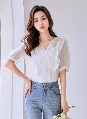 【清仓价】Dekashell/迪卡轩法式小飞袖荷叶边白色衬衫女短款上衣