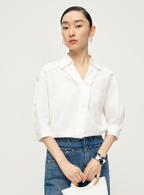 Dekashell/迪卡轩2025夏季新款休闲气质V领白色上衣短袖女士衬衣