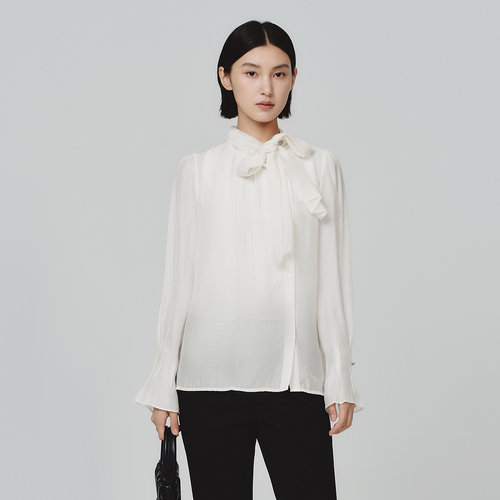 Dekashell/迪卡轩2025冬季新款女士衬衫长袖系带时尚百搭上衣dp