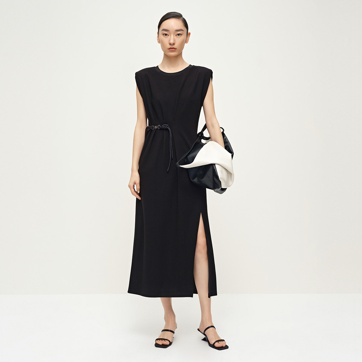 Dekashell/迪卡轩时尚中长款开叉连衣裙