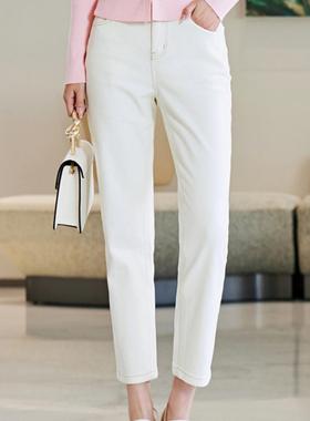 【清仓价】迪卡轩白色牛仔裤直筒2024春秋季高腰显瘦小个子铅笔库