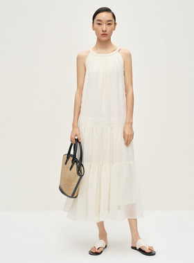 Dekashell/迪卡轩2025夏季新款挂脖式吊带白色短袖连衣裙女吊带裙