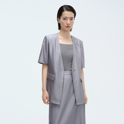 Dekashell/迪卡轩2026春季新款短袖西装外套女V领职场极简风短款