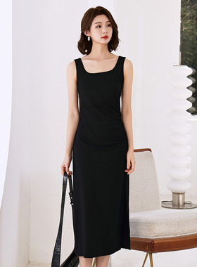 Dekashell/迪卡轩2025夏季新款气质方领中长款黑色女士背心连衣裙