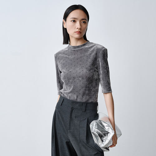 Dekashell/迪卡轩2025秋季新款T恤修身植绒印花中袖上衣