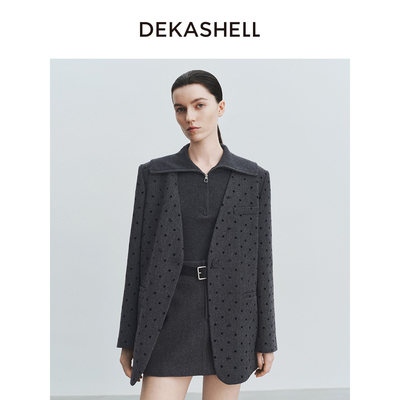 Dekashell/迪卡轩2026冬季新款西装女深灰色波点毛呢外套通勤