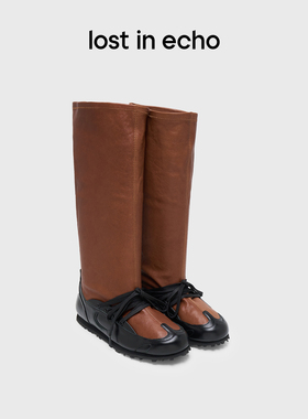 lost in echo2025冬季新款宽筒显瘦薄底真皮一脚蹬芭蕾舞长筒靴女