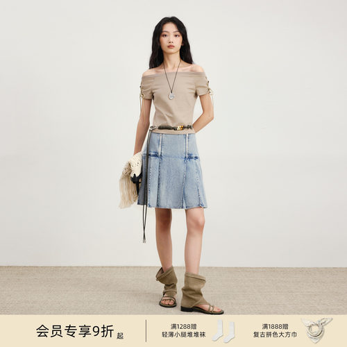 lostinecho一字肩绑带T恤短袖
