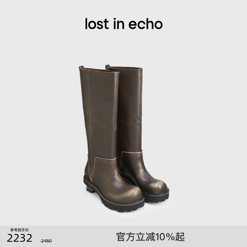 lostinecho翘圆头高筒骑士靴