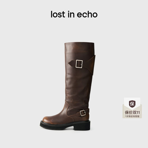 lostinecho牛皮条带堆堆骑士靴
