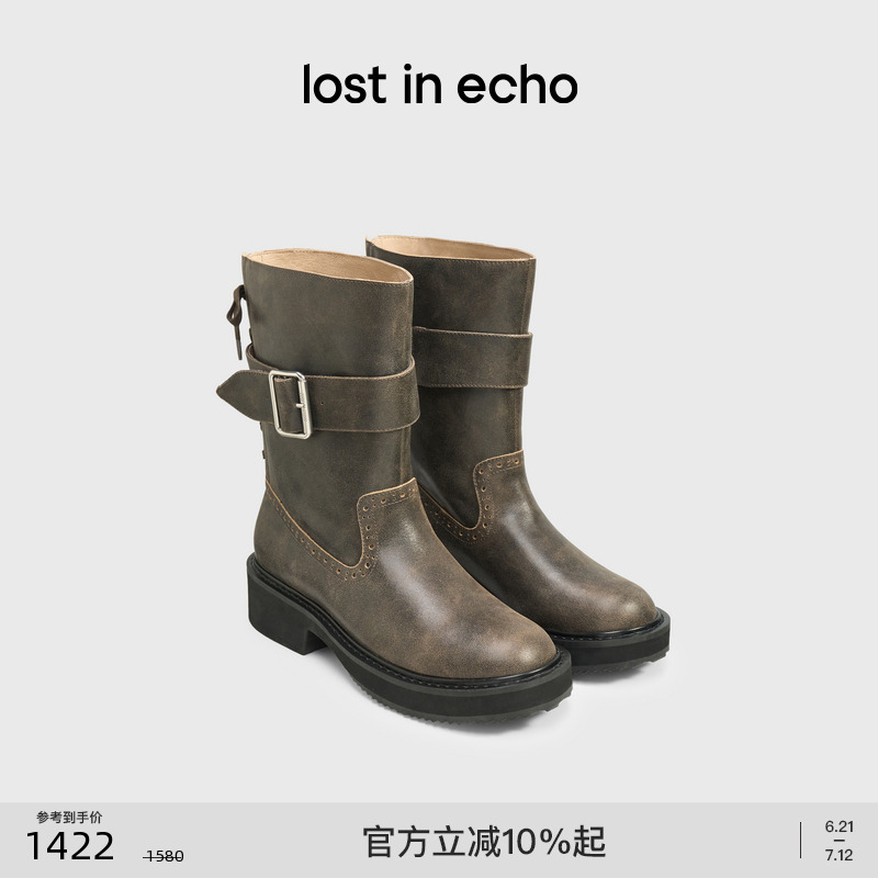 lost in echo时尚做旧复古巴恩风圆头宽筒一脚蹬厚底机车