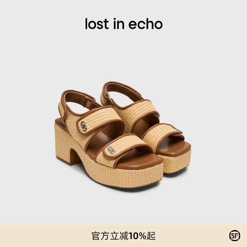lost in echo年夏季新款度假风双条带草编厚底增高粗跟凉