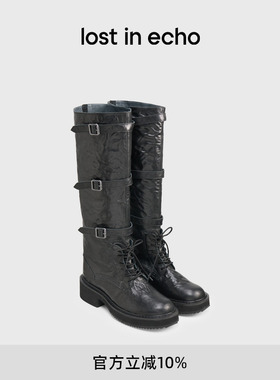 宋妍霏同款lost in echo2025冬季新款圆头扣饰绑带厚底高筒骑士靴