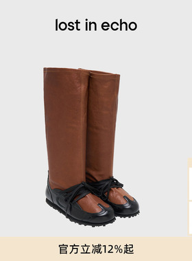 lost in echo2025冬季新款宽筒显瘦薄底真皮一脚蹬芭蕾舞长筒靴女