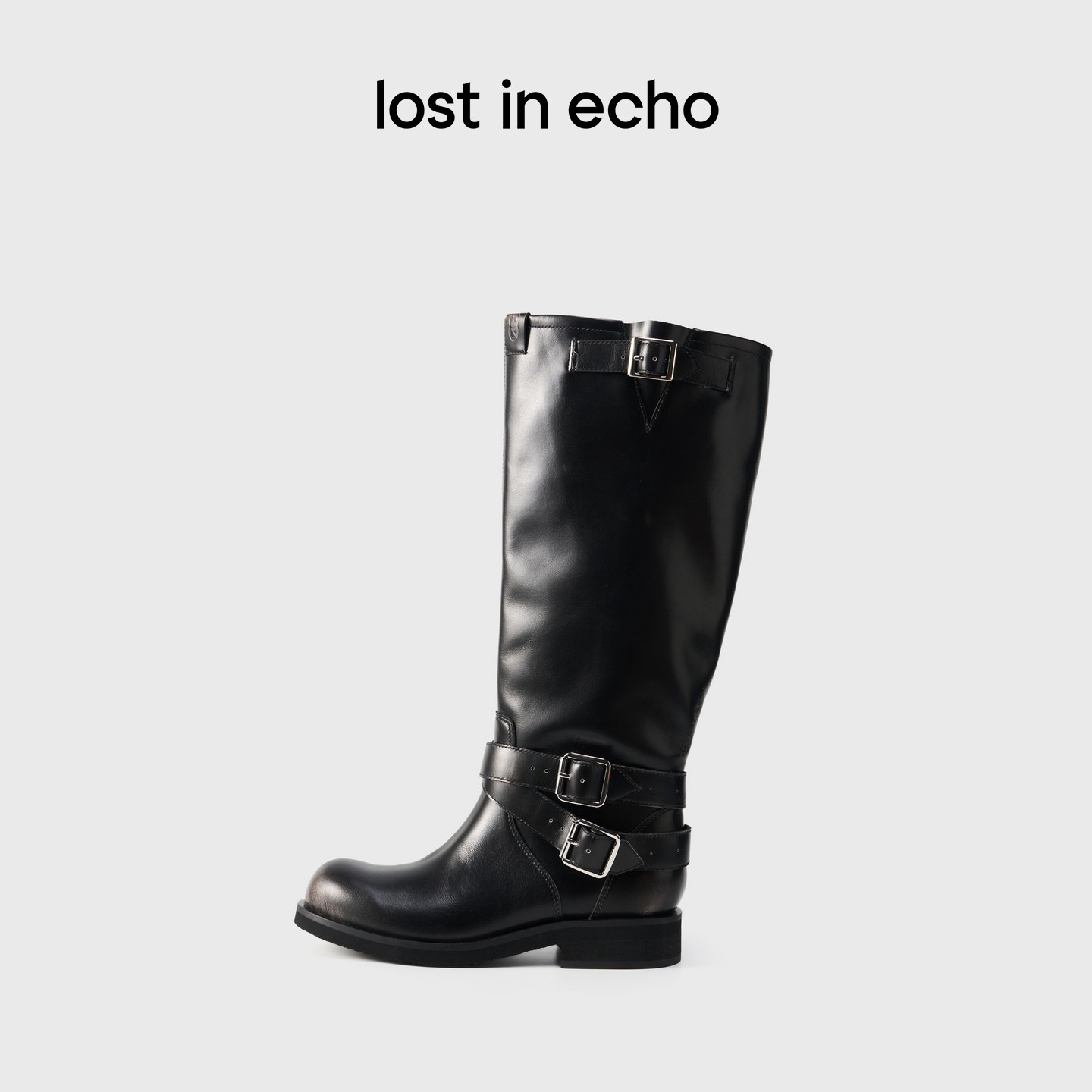 lostinecho宽筒机车条带骑士靴图片