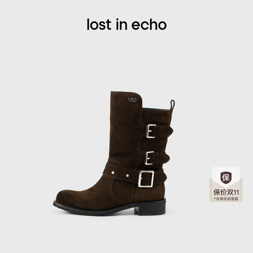 lostinecho圆头扣带机车中筒靴