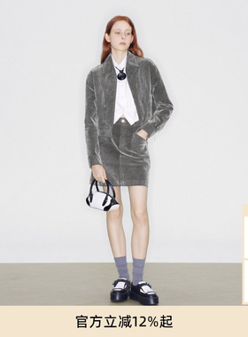 lost in echo2025冬季新款独特植绒短款阔肩夹克外套半裙短裙套装
