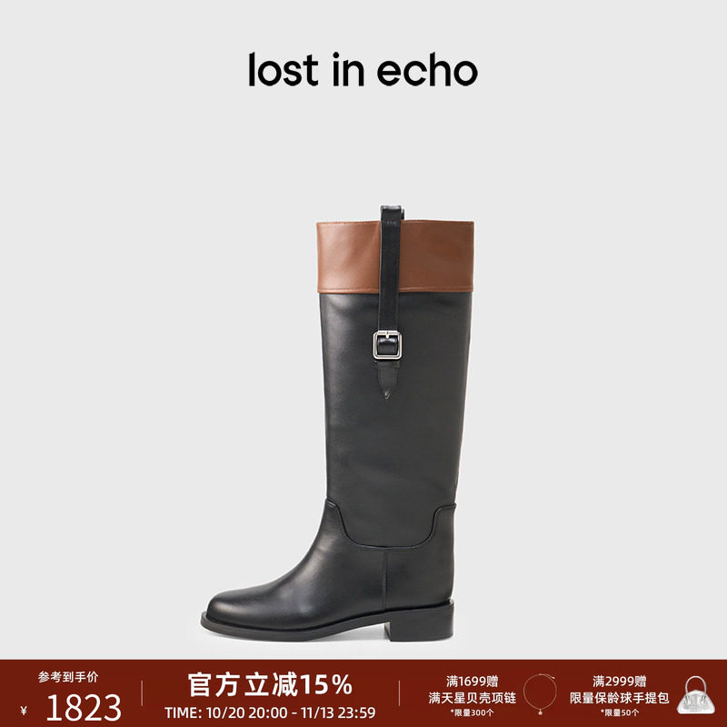 孙千同款lost in echo秋冬厚底圆头牛皮直筒显瘦骑士长筒靴子女