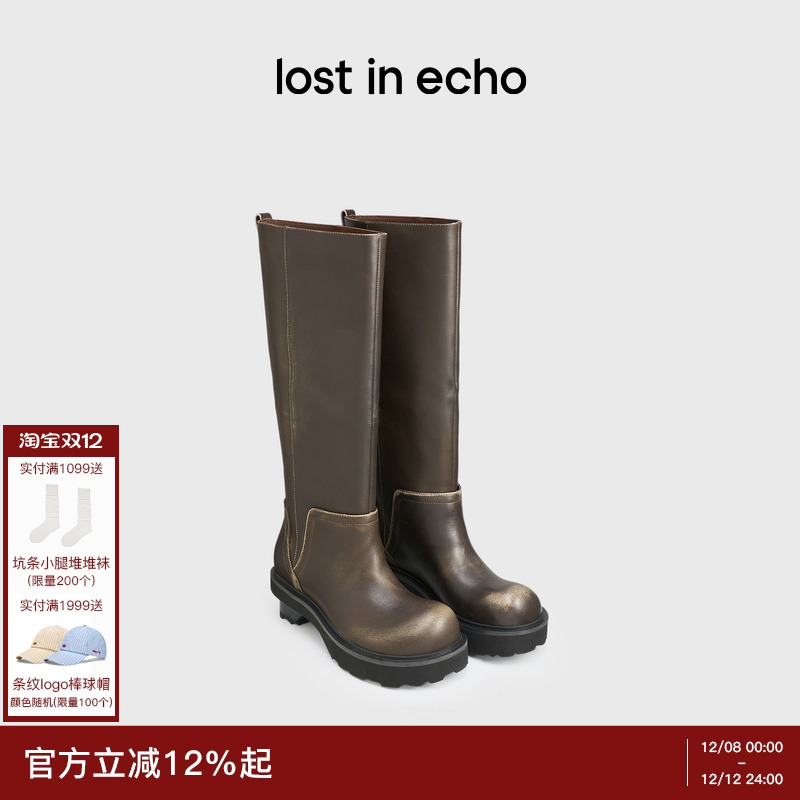 lostinecho翘圆头高筒骑士靴