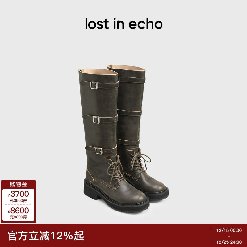lost in echo秋冬时尚复古巴恩风圆头宽筒绑带棕色长筒靴