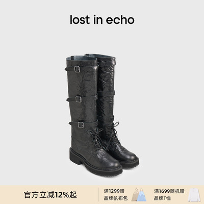 宋妍霏同款lost in echo冬季新款圆头扣饰绑带厚底高筒骑士靴