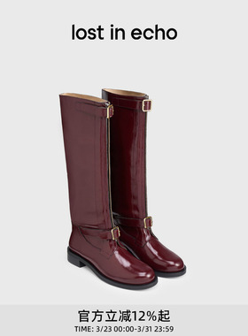 杨紫同款lost in echo巴恩风显瘦厚底宽筒圣诞红真皮长筒骑士靴子