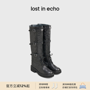 宋妍霏同款lost in echo2025冬季新款圆头扣饰绑带厚底高筒骑士靴