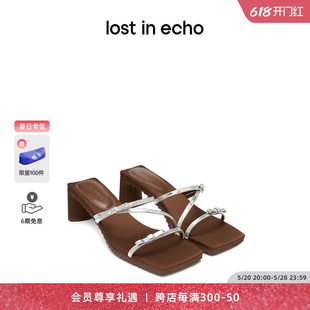 新款 lost echo2024夏季 一脚蹬 交叉细条带蝴蝶结外穿高跟凉拖鞋