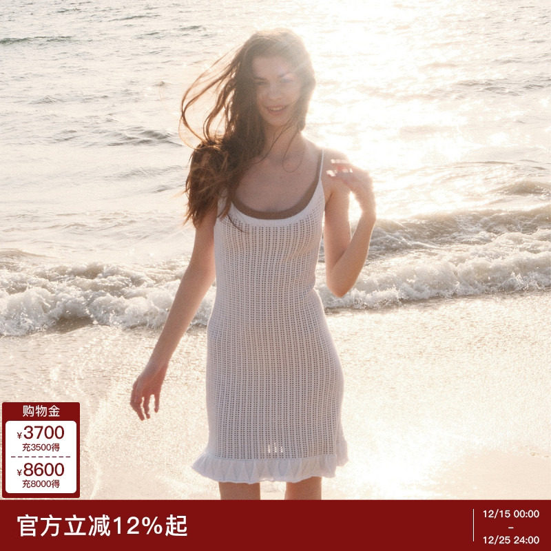 lost in echo春夏度假风手工钩花镂空透气针织气质吊带连