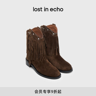 新款 echo2025冬季 波西米亚风羊皮流苏V口显瘦骑士短靴女 lost