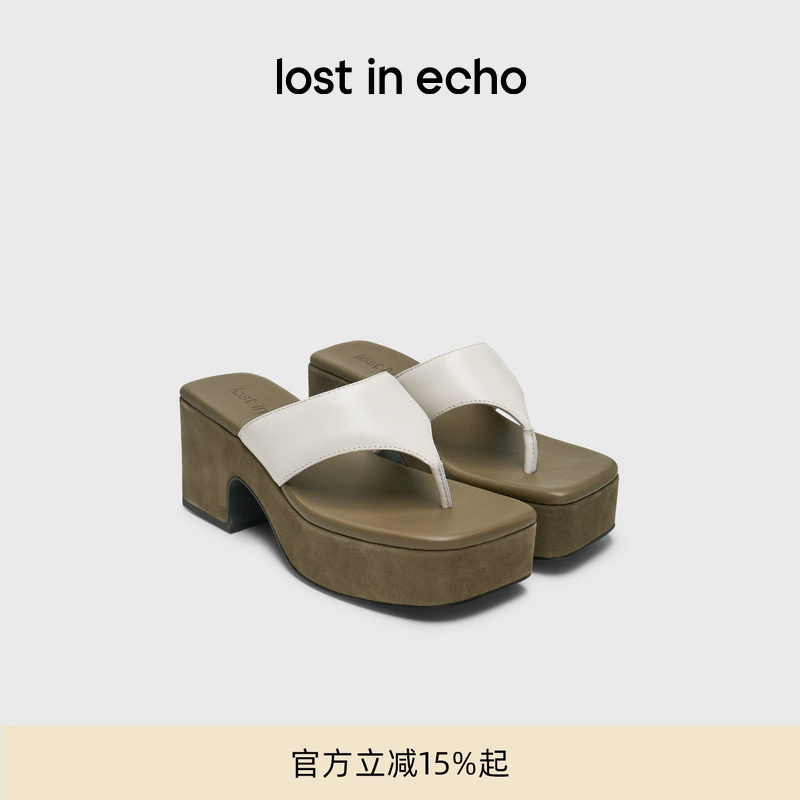 lost in echo春夏系列时尚拼色真皮粗跟增高夹脚人字拖凉
