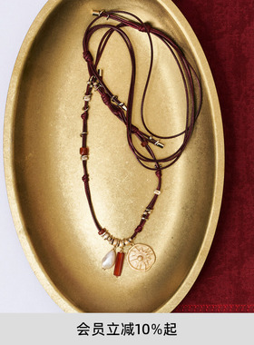 lost in echo2026春夏新款好运红玛瑙珍珠可调节长皮绳组合项链女