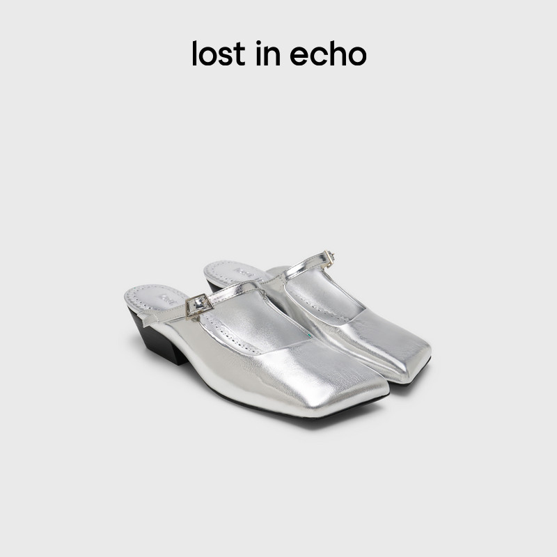 lost in echo春夏时尚个性斜方头坡跟半包高级银色芭蕾舞