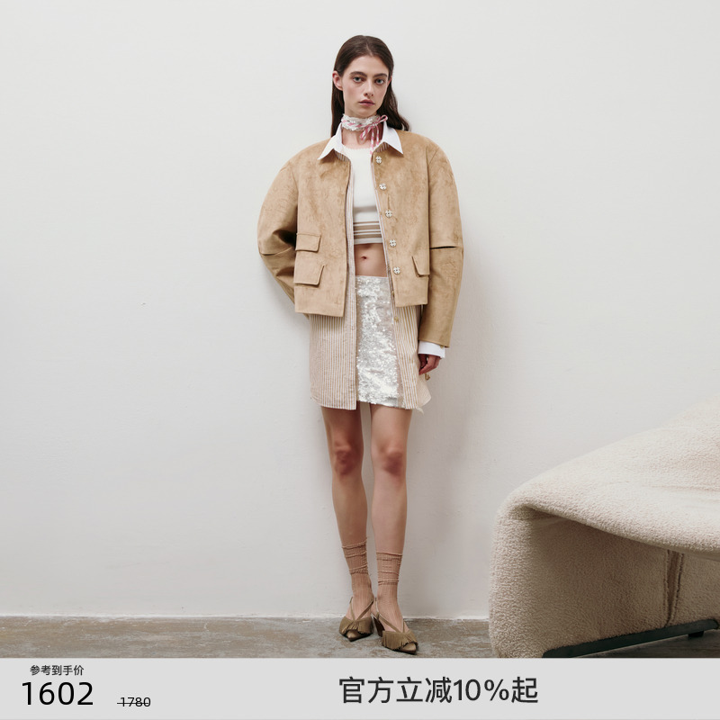 lostinecho弧形仿麂皮绒短外套