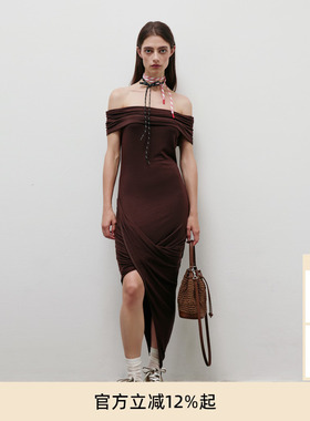 lost in echo春夏系列度假时尚修身显瘦露肩一字肩长款连衣裙女