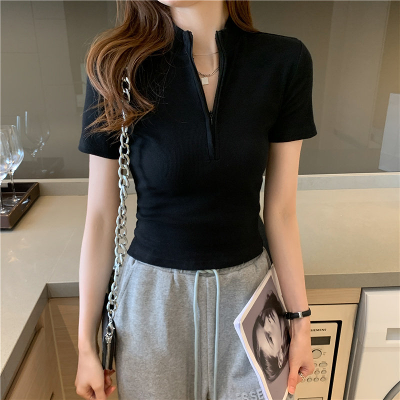 实拍 夏季新款修身显瘦紧身纯棉短袖T恤女拉链气质简约百搭