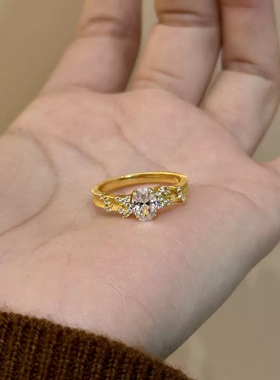 柏诗艾菲k金色拉丝工艺鸽子蛋925纯银镀金小众高级气质复古戒指