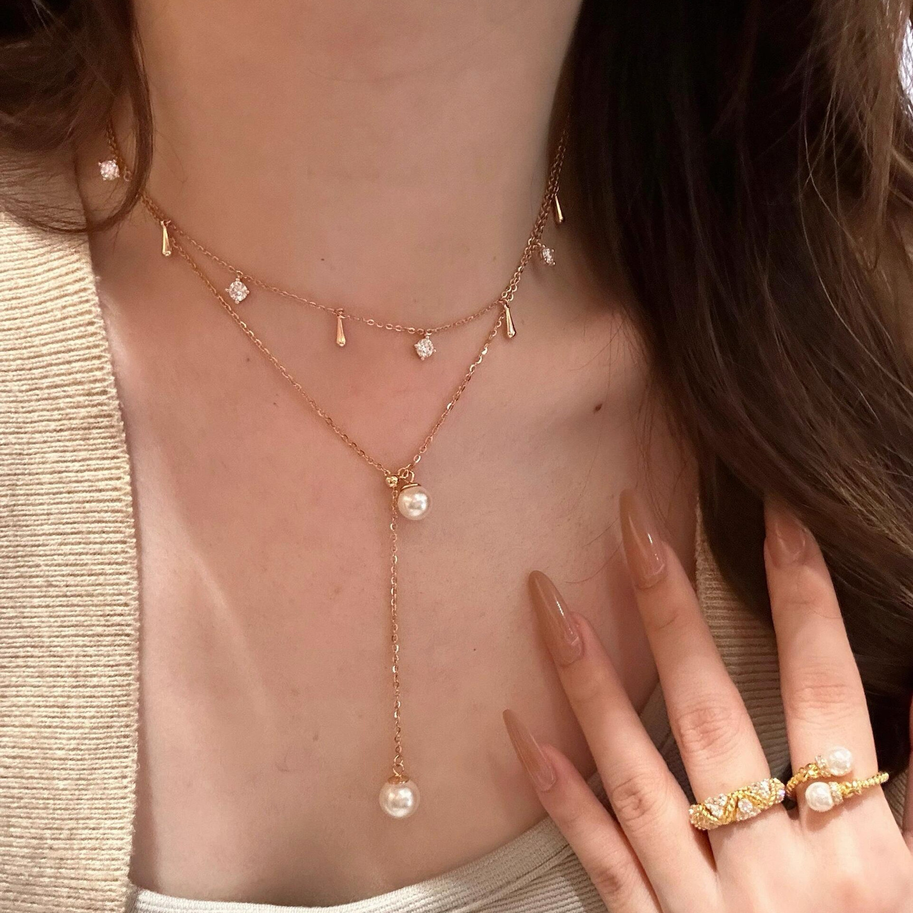 柏诗艾菲925纯银镀18K玫瑰金水滴莫桑钻颈链叠戴气质百搭简单小众